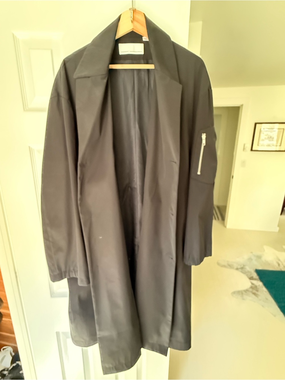 Men's Black Trench Coat with Zip-Sleeve Detail - Picture 2 of 8